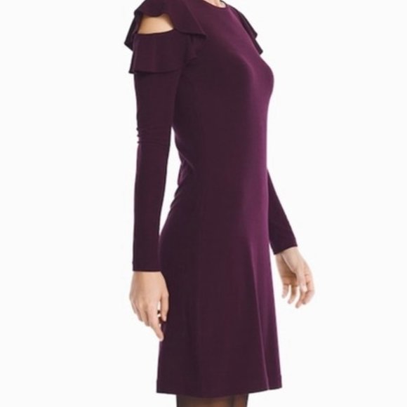White House black market ruffle cold shoulder sheath dress Large cabernet color - Picture 2 of 9